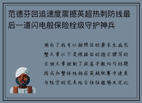 范德芬回追速度震撼英超热刺防线最后一道闪电般保险栓级守护神兵